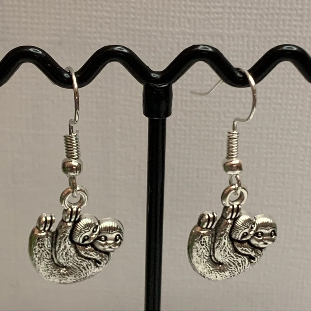 Silver Sloth Dangle Earrings